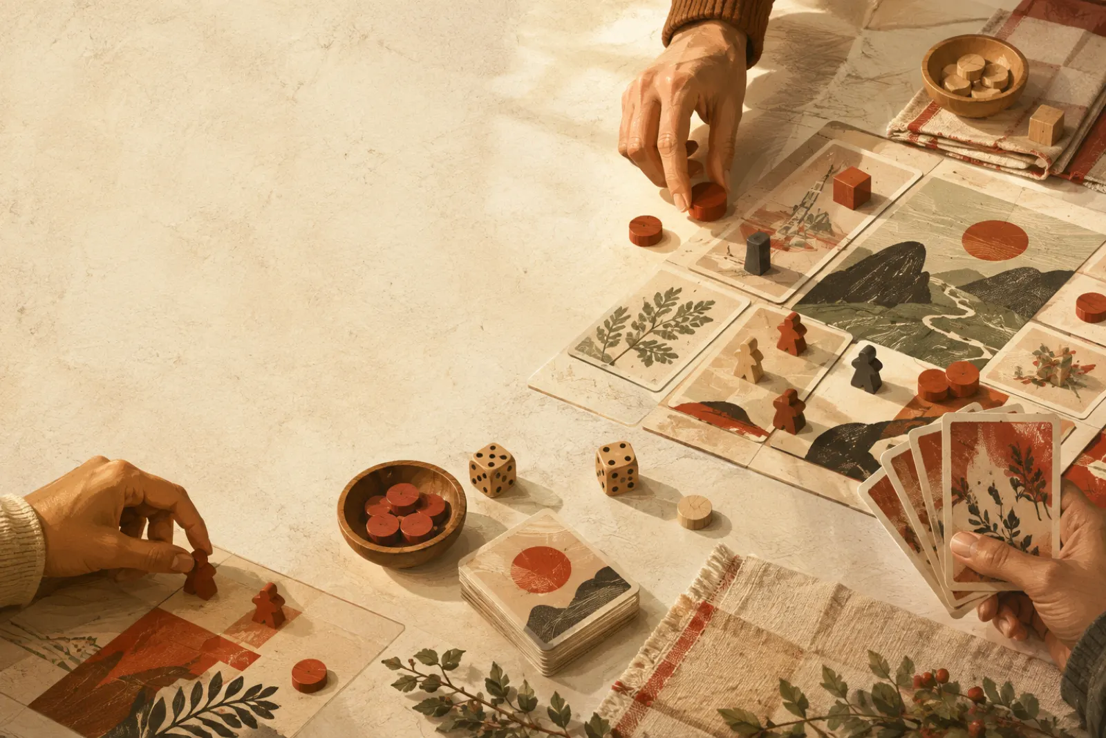 暖光下的桌遊牌桌與木製棋子